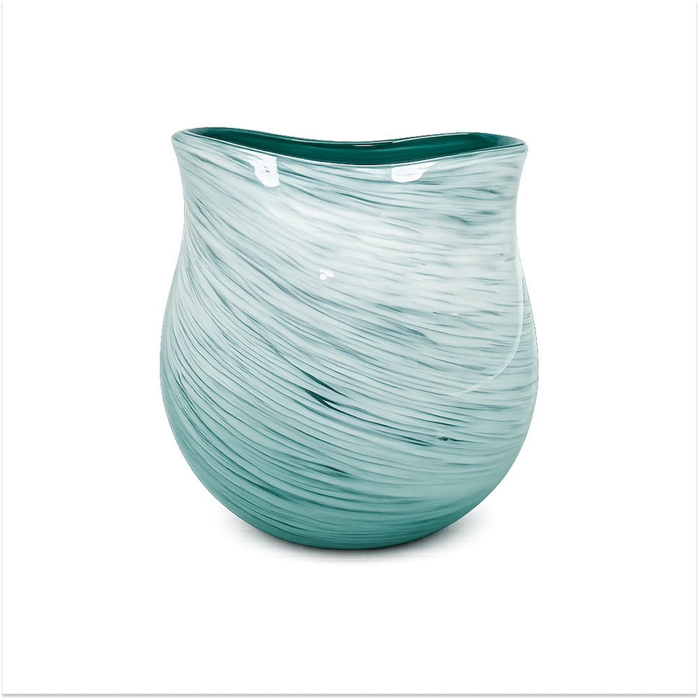 Hand Blown Art Glass Vase 6" Teal Aqua Swirl Handmade Modern Ribbed Home Decor